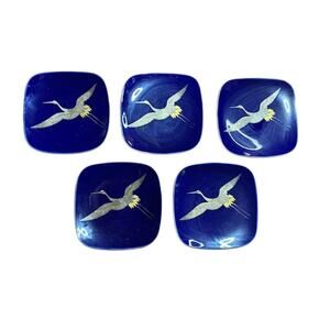 Lot of 5 Vintage Fukagawa Koransha Flying Crane Square Cobalt Blue Bird Plates
